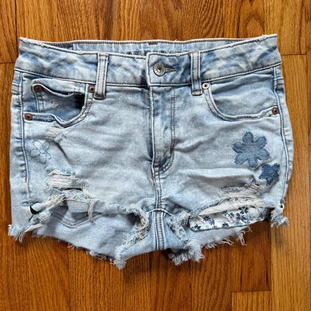 American Eagle Denim Shorts Women's 2 Blue Floral Patchwork Mini Micro Shortie